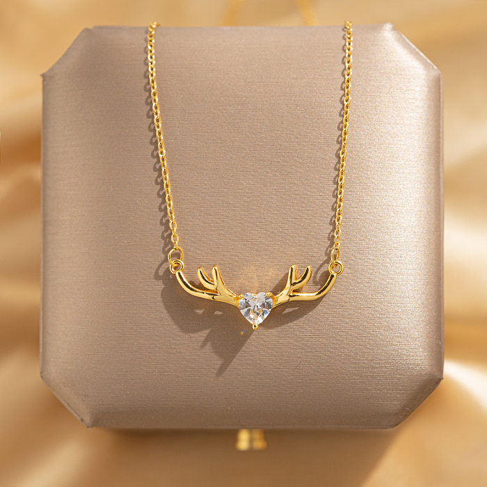 Elegant Leaf Heart Shape Lock Stainless Steel Plating Inlay Rhinestones Zircon Pendant Necklace