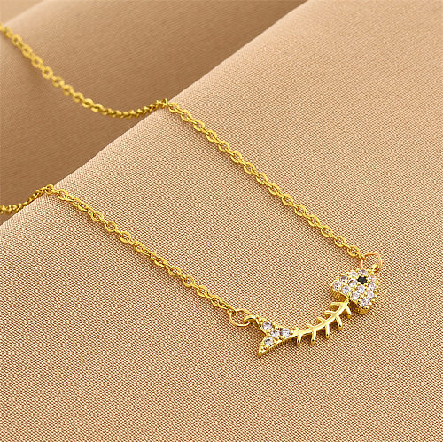 Retro Fish Bone Stainless Steel Inlay Rhinestones Necklace