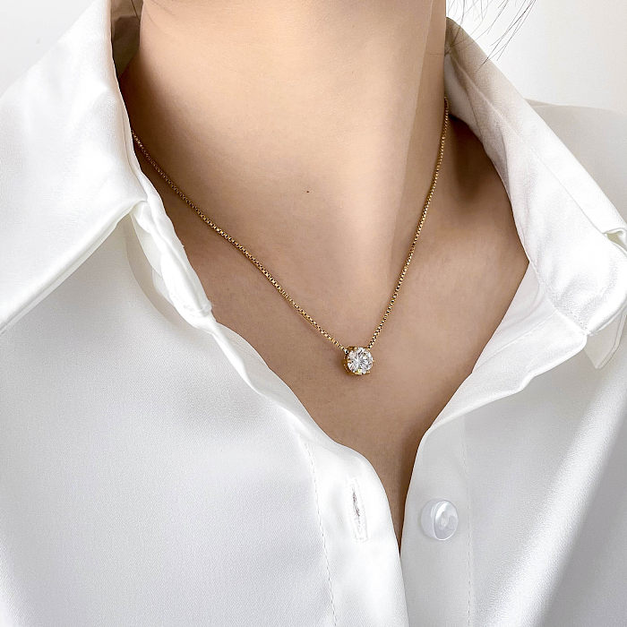 Elegante senhora estilo simples geométrico em aço inoxidável strass pingente colar