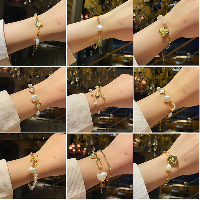 Fashion Star Heart Shape Butterfly Titanium Steel Inlay Artificial Pearls Shell Bracelets
