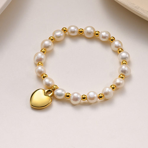 Pulseras con cuentas y perlas de acero inoxidable con forma de corazón a la moda 1 pieza