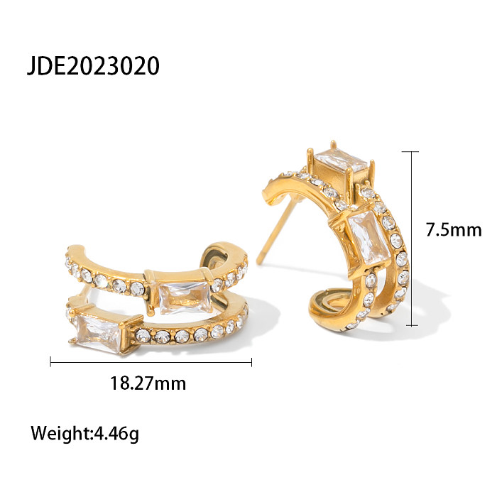 1 Pair IG Style C Shape Plating Inlay Stainless Steel  Zircon 18K Gold Plated Ear Studs