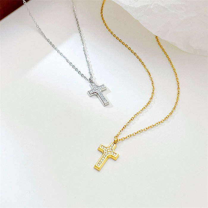 Simple Style Commute Cross Stainless Steel  White Gold Plated Gold Plated Zircon Pendant Necklace In Bulk