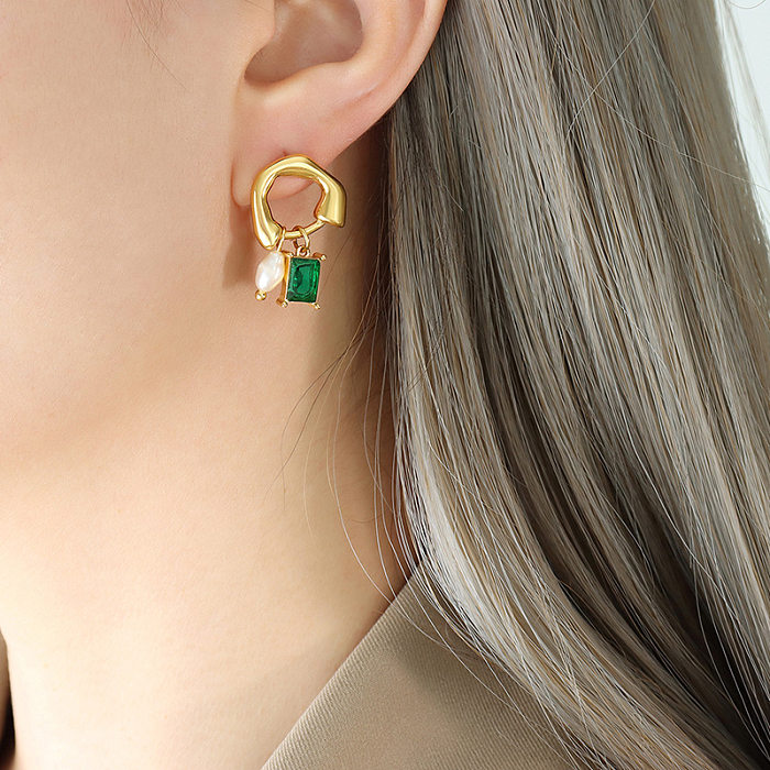 1 paire de boucles d'oreilles carrées en acier inoxydable, Style Simple, placage de perles, incrustation de pierre de verre, boucles d'oreilles pendantes