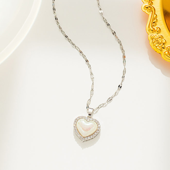 Simple Style Heart Shape Stainless Steel Inlay Artificial Pearls Zircon Pendant Necklace