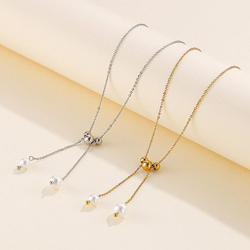 Fashion Stainless Steel  Gold Chain Shell Pearl Steel Ball Tassel Female Necklace