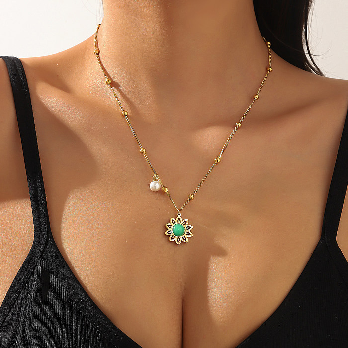 1 Bohemian Real Gold Electroplated Turquoise Flower Necklace Women's Fashion Floral Pearl Necklace