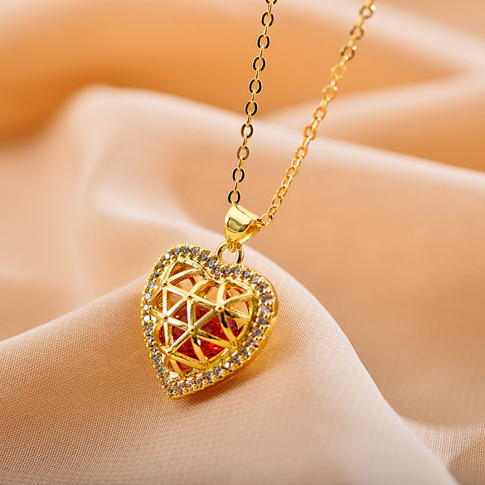 Elegant Shiny Heart Shape Flower Steel Hollow Out Inlay Zircon Pendant Necklace