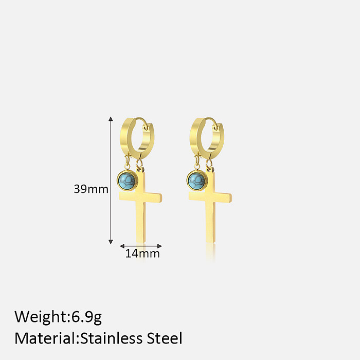 1 Pair Lady Simple Style Cross Plating Inlay Stainless Steel  Turquoise 18K Gold Plated Drop Earrings