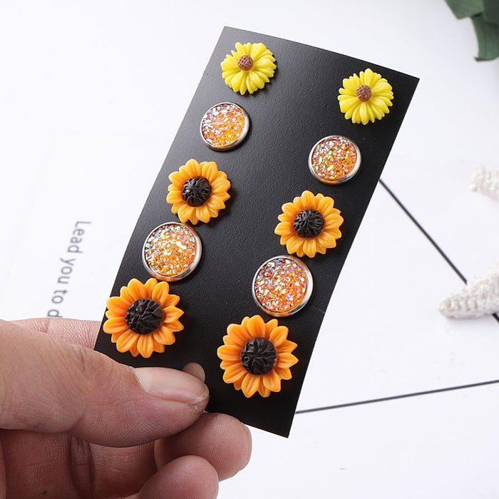 1 Set Pastoral Sunflower Round Stainless Steel  Resin Ear Studs