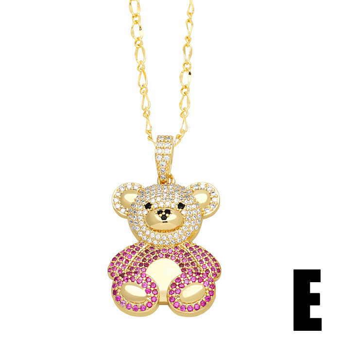 Cute Sweet Little Bear Stainless Steel  Copper Plating Inlay Zircon 18K Gold Plated Pendant Necklace