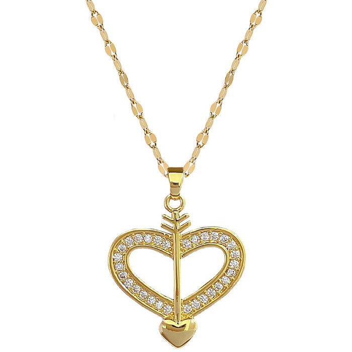 Sweet Bow And Arrow Heart Shape Stainless Steel Copper Plating Inlay Zircon Pendant Necklace