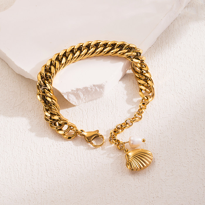 Pulseras de circón chapadas en oro de 18K con incrustaciones de revestimiento de perlas de acero inoxidable de Color sólido dulce estilo IG al por mayor