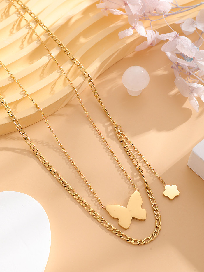 Retro Classic Style Flower Butterfly Stainless Steel  Plating Inlay Zircon Gold Plated Layered Necklaces
