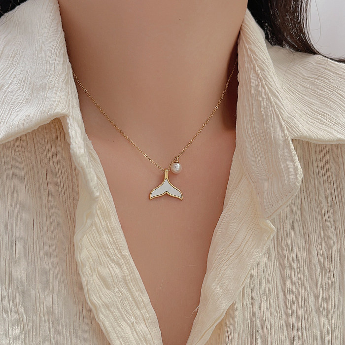 Simple Style Heart Shape Fish Tail Stainless Steel Plating Inlay Zircon Gold Plated Necklace