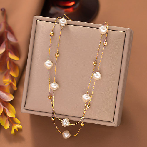 Lady Pearl Stainless Steel Beaded Plating Layered Necklaces