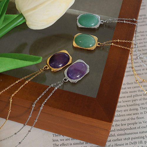 Fashion Stainless Steel Retro Green Purple Natural Stone Pendant Necklace