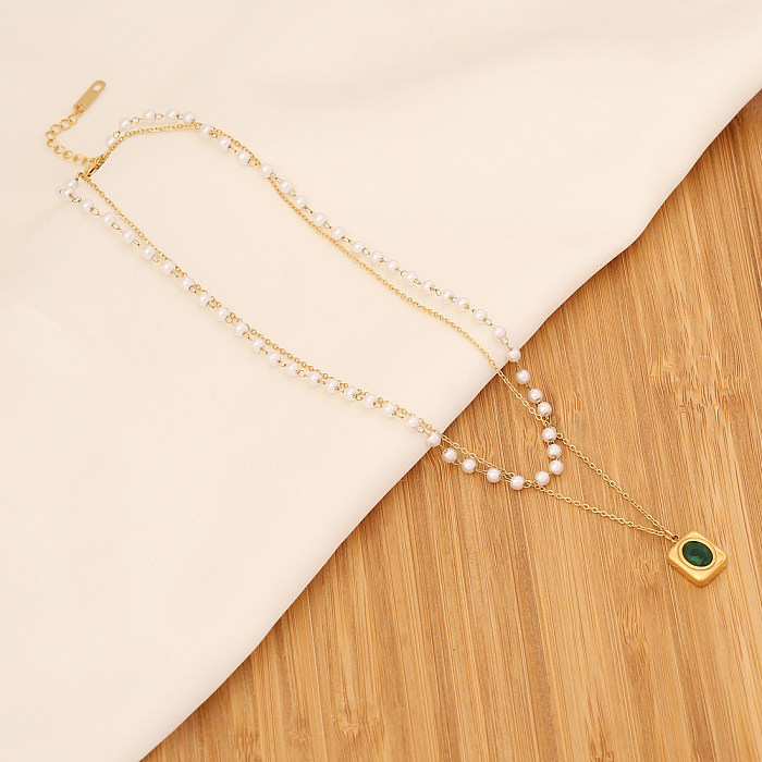 Fashion Square Stainless Steel  Layered Necklaces Gold Plated Pearl Stainless Steel  Necklaces 1 Piece