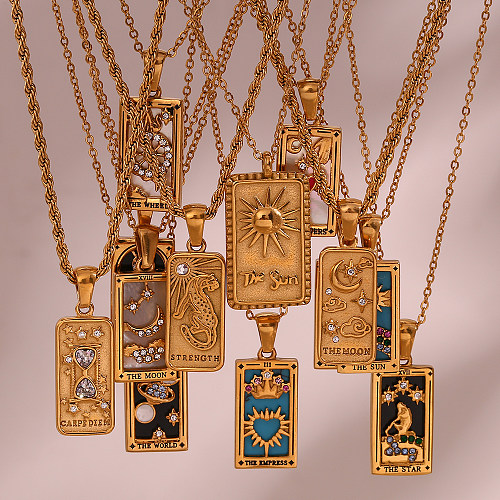 Halskette mit Stern-Anhänger im Vintage-Stil, rechteckig, Edelstahl-Beschichtung, Intarsien, Strasssteine, Zirkon, 18 Karat vergoldet