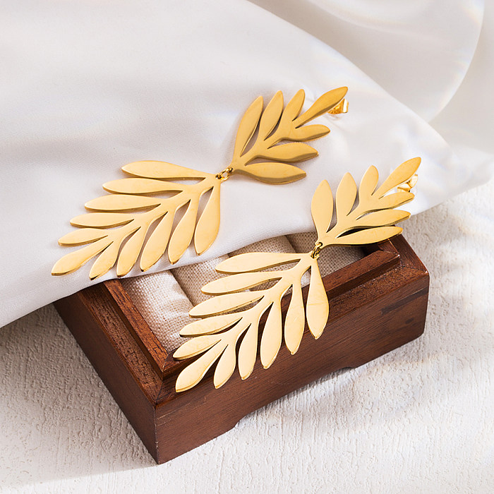 1 Pair IG Style Simple Style Leaves Plating Hollow Out Stainless Steel  16K Gold Plated Drop Earrings