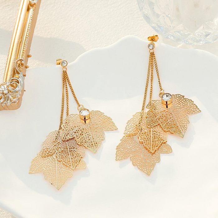 1 Pair Lady Streetwear Maple Leaf Petal Plating Inlay Stainless Steel  Zircon Gold Plated Drop Earrings