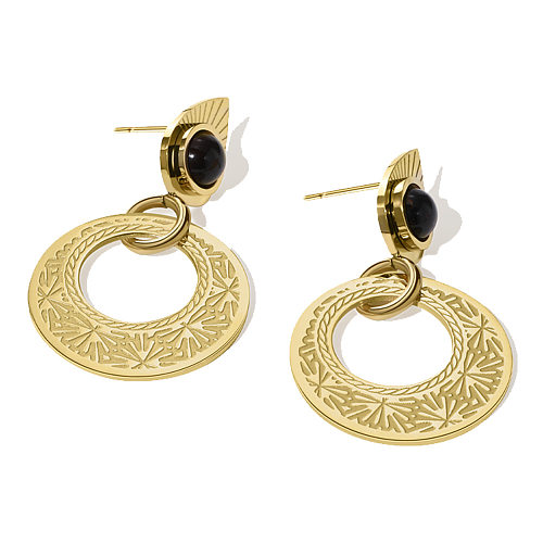 1 Pair Vintage Style C Shape Round Stainless Steel Plating Inlay Natural Stone 18K Gold Plated Earrings