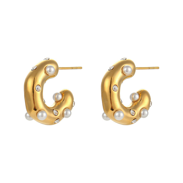 Boucles d'oreilles élégantes en forme de C en acier inoxydable, incrustation de perles artificielles, boucles d'oreilles en acier inoxydable en Zircon