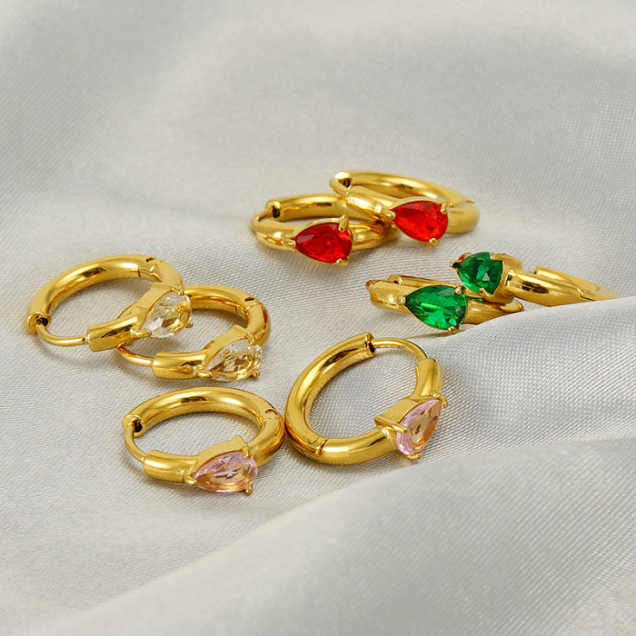 1 Pair Elegant Retro Water Droplets Inlay Stainless Steel  Zircon 18K Gold Plated Earrings