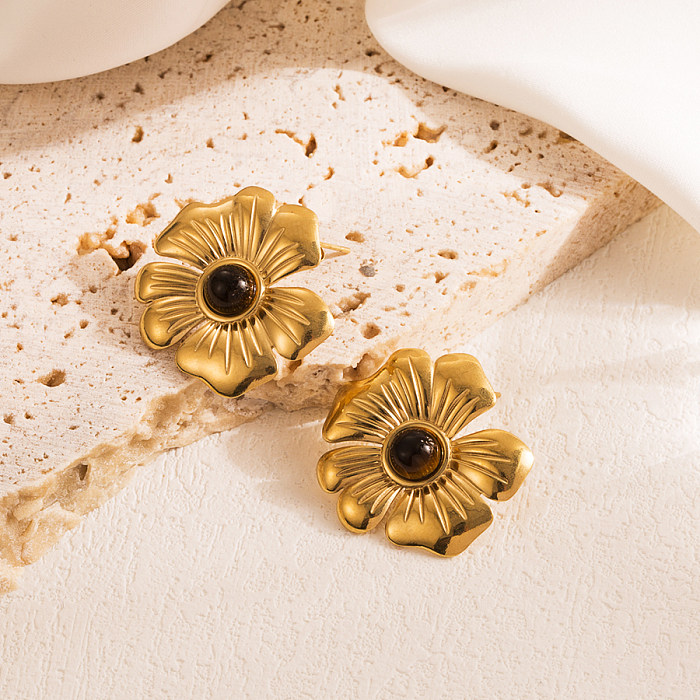 1 par retro semicírculo flor borboleta chapeamento de aço inoxidável incrustação pedra natural 18k brincos banhados a ouro