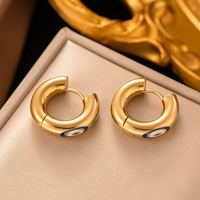 1 Pair Modern Style Devil'S Eye Enamel Plating Stainless Steel 18K Gold Plated Hoop Earrings