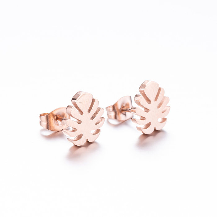 1 paire de boucles d'oreilles plaquées en acier inoxydable, Style Simple, feuille