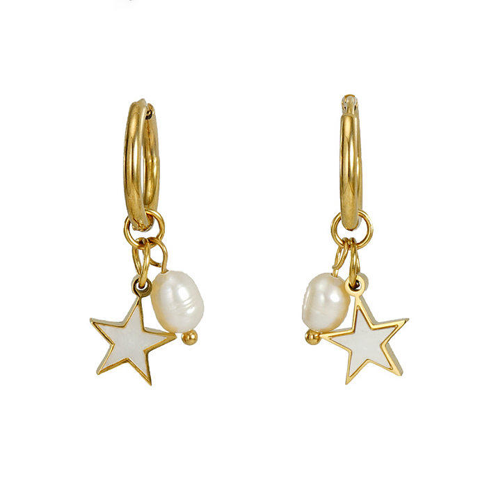 Pendientes colgantes de concha de perla con incrustaciones de acero inoxidable de estrella de moda 1 par