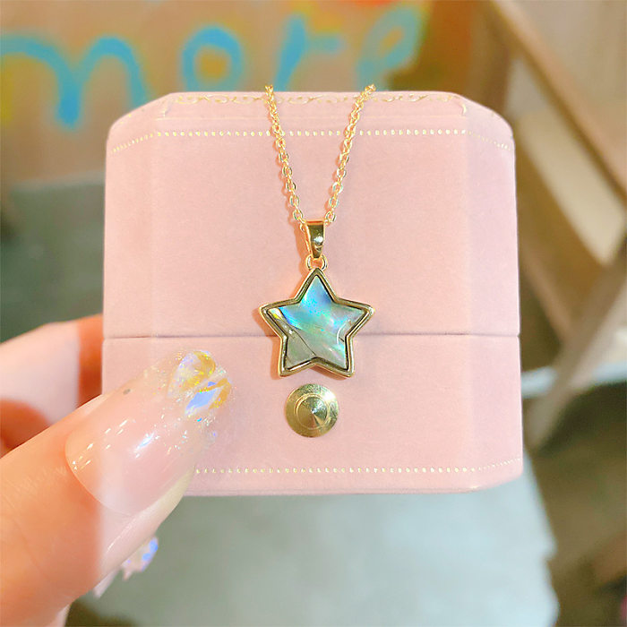 Wholesale Sweet Simple Style Star Flower Shell Stainless Steel Artificial Pearls Zircon Pendant Necklace