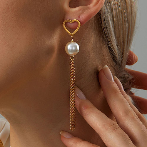 Boucles d'oreilles longues à pampilles en perles et cœur en or 18 carats, galvanoplastie en acier inoxydable à la mode