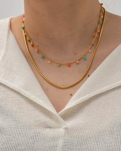 1 Stück modische, runde, geschichtete Halsketten aus Edelstahl mit Perlenbeschichtung