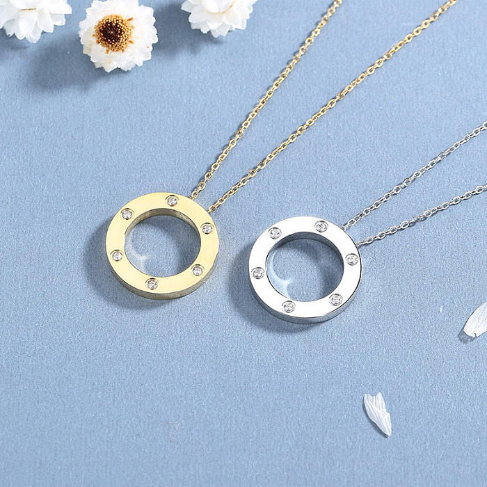 Casual Classic Style Artistic Circle Stainless Steel Polishing Plating Inlay Rhinestones 18K Gold Plated Pendant Necklace