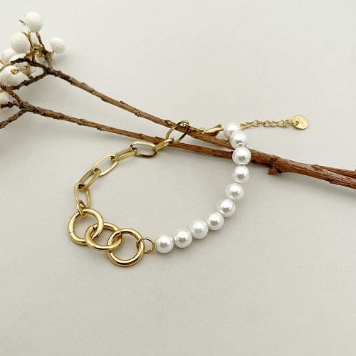 Bracelets plaqués or avec perles artificielles rondes en acier inoxydable de style simple et décontracté