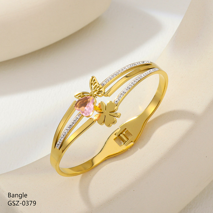 Estilo simples flor borboleta chapeamento de aço inoxidável incrustações strass zircão rosa banhado a ouro pulseira
