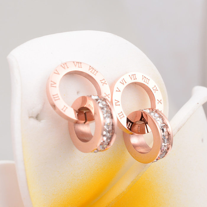 Pendientes coreanos de acero inoxidable con doble anillo y números romanos de diamantes cuadrados pequeños