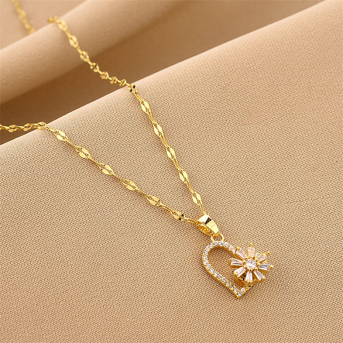 Fashion Heart Shape Flower Stainless Steel Plating Inlay Rhinestones Pendant Necklace 1 Piece