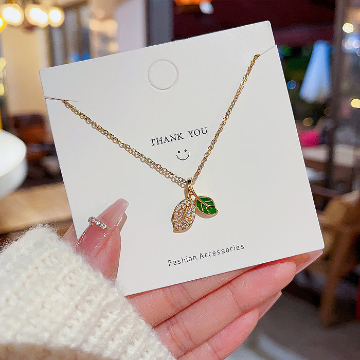 IG Style Leaf Stainless Steel Plating Inlay Zircon Gold Plated Pendant Necklace