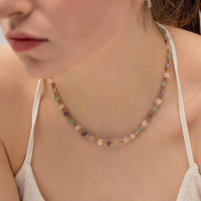 Collier de perles en pierre naturelle carrée en acier inoxydable, Style INS, 1 pièce