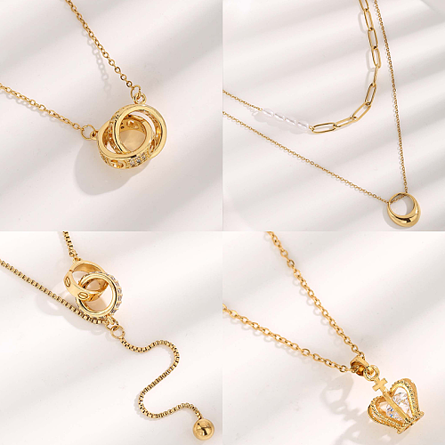 Vintage Style Luxurious Roman Style Double Ring Crown Rectangle Stainless Steel Plating Inlay Artificial Pearls Zircon Gold Plated Pendant Necklace