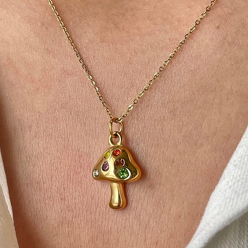 Cross-Border New Gold Mushroom Necklace Lucky Symbol Embedded Zirconium Necklace Stainless Steel  Furnace Electroplating Real Gold Color Protection