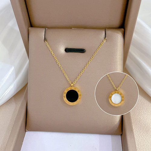 Retro Round Stainless Steel Inlay Shell Pendant Necklace