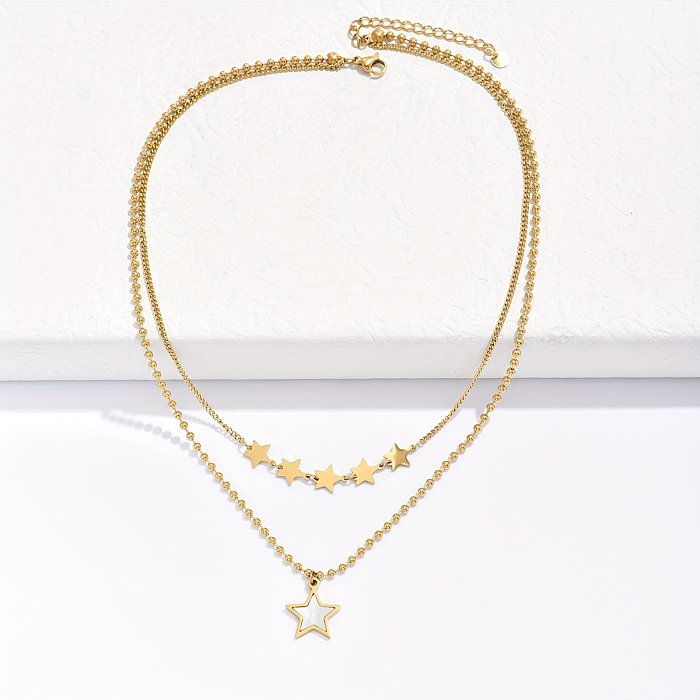 Atacado estilo coreano pentagrama aço inoxidável 14K banhado a ouro colares em camadas