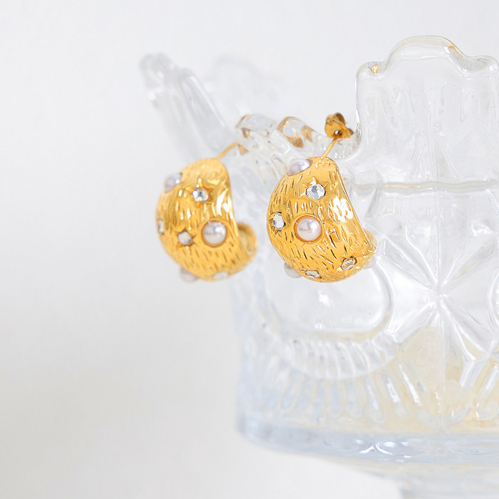 1 Paar elegante, luxuriöse, einfarbige Inlay-Imitationsperlen, künstliche Perlen aus Edelstahl, Strasssteine, 18 Karat vergoldete Ohrstecker