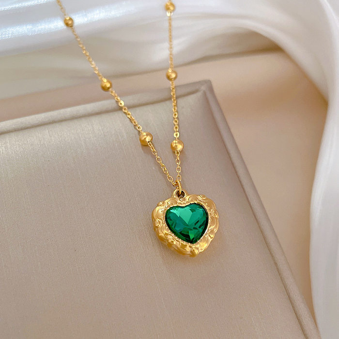 Retro Heart Shape Stainless Steel Inlay Artificial Gemstones Pendant Necklace 1 Piece