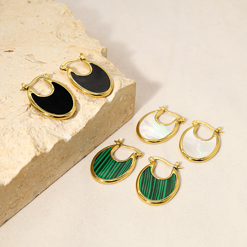 1 Pair Casual Simple Style U Shape Stainless Steel Plating Inlay Malachite Shell 18K Gold Plated Earrings