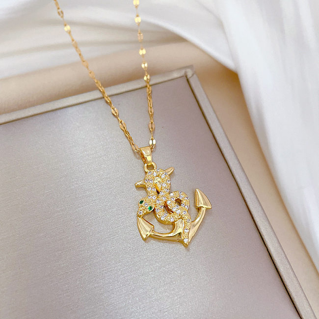 Casual Cool Style Anchor Snake Stainless Steel Copper Plating Inlay Zircon Pendant Necklace